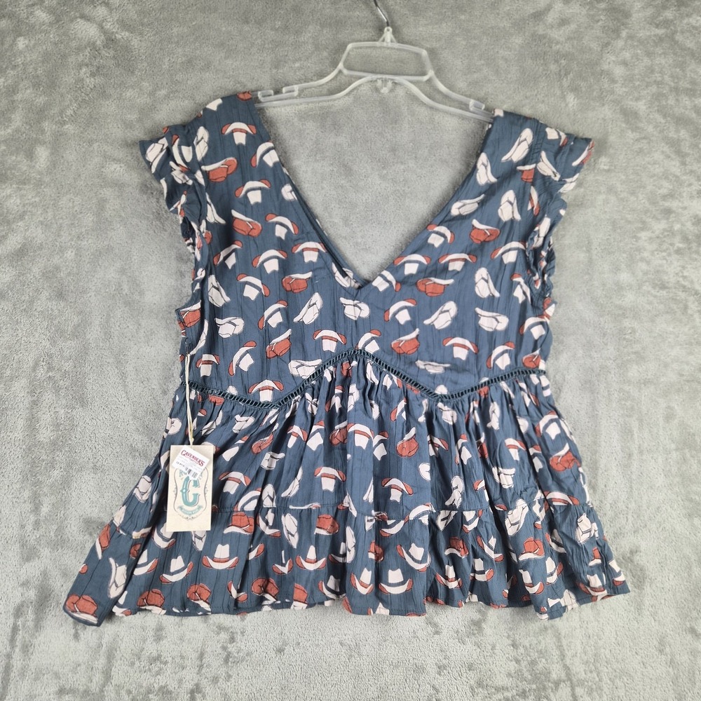 Rockin C Western Wear Cowboy Hat Print Peplum Top Womens Large Rayon Cowgirl NEW
